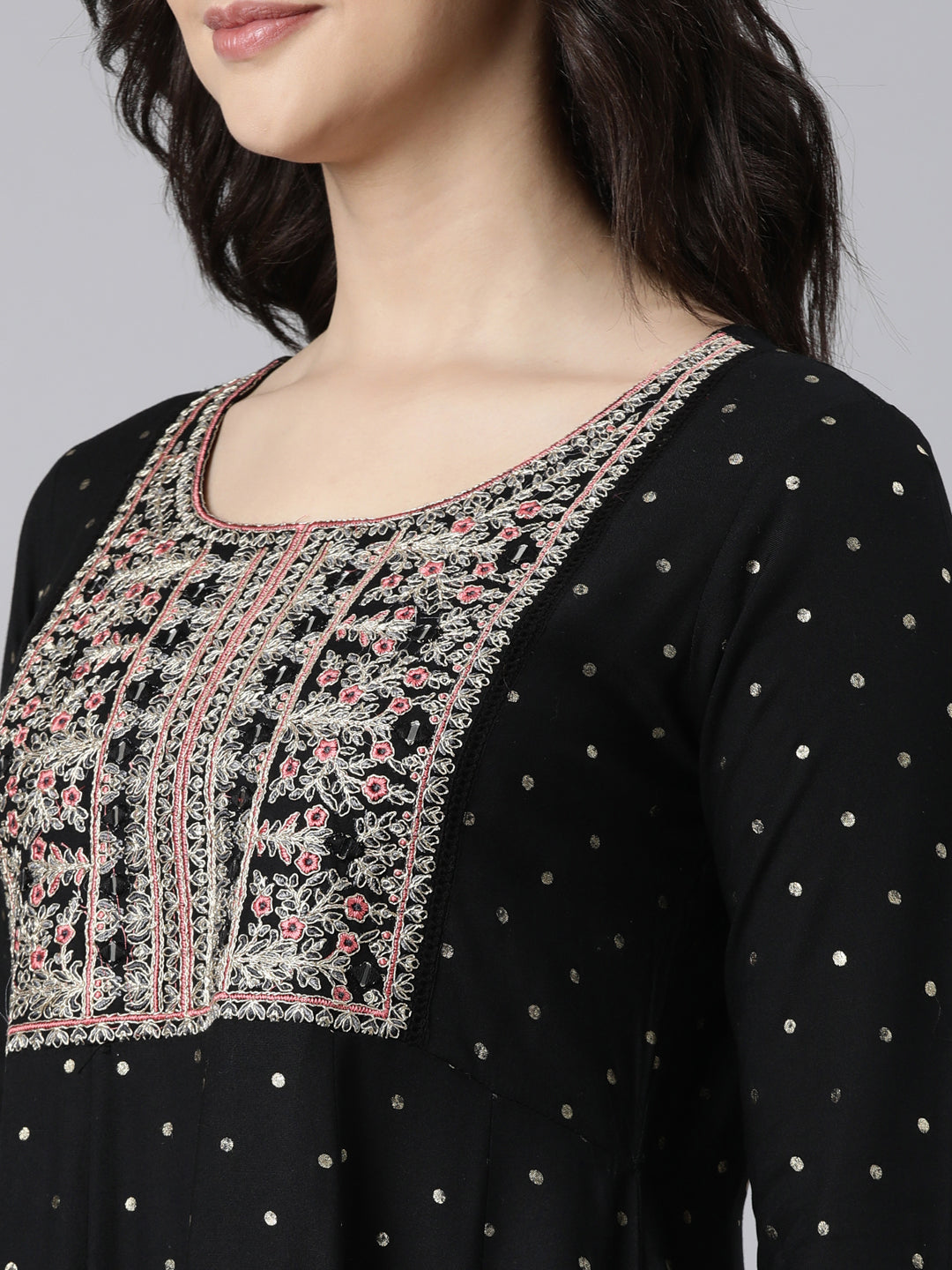 Neerus Black Regular Flared Ethnic Motifs Kurta And  Trousers With Dupatta