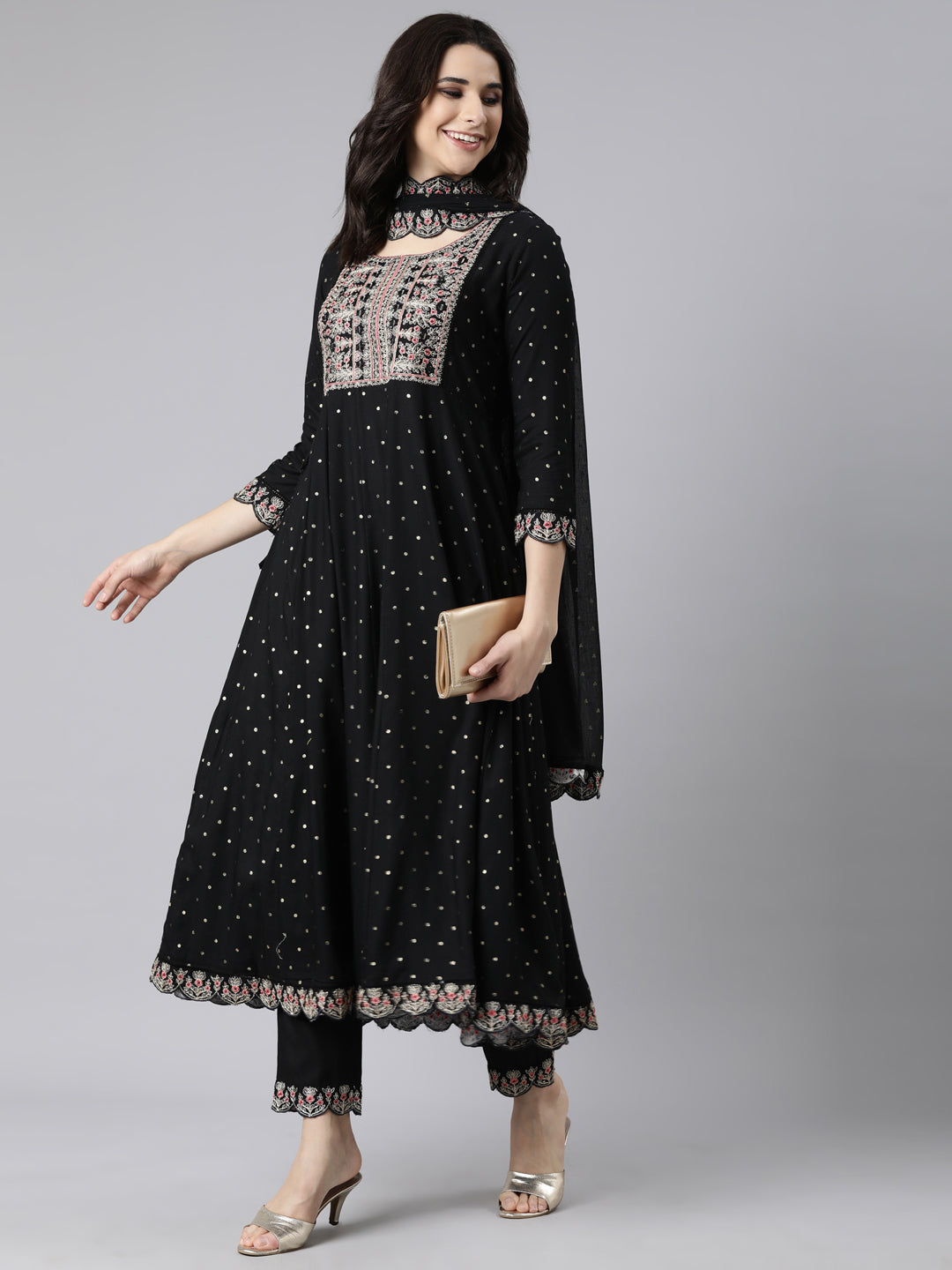 Neerus Black Regular Flared Ethnic Motifs Kurta And  Trousers With Dupatta