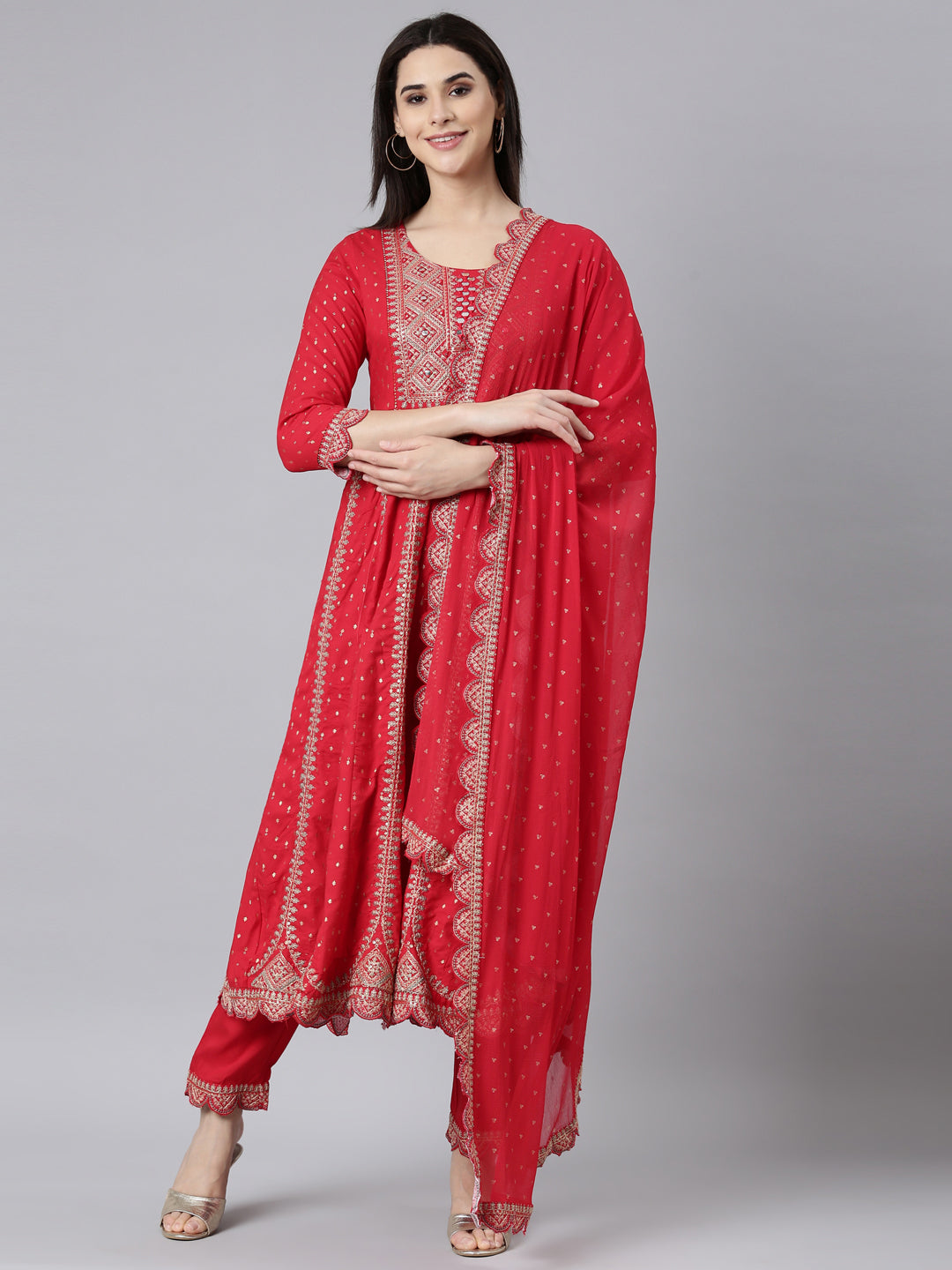 Neerus Red Regular Straight Ethnic Motifs Kurta And Trousers With Dupatta