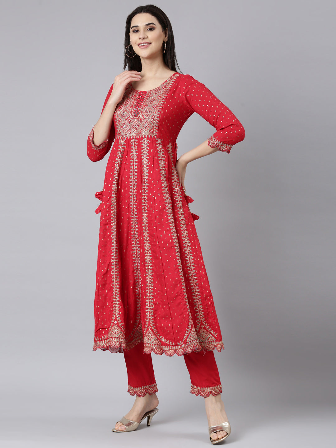 Neerus Red Regular Straight Ethnic Motifs Kurta And Trousers With Dupatta