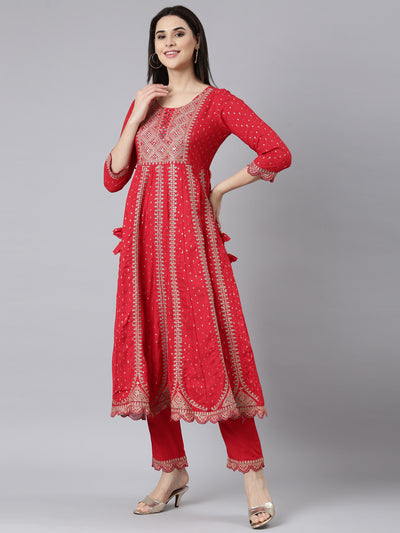 Neerus Red Regular Straight Ethnic Motifs Kurta And Trousers With Dupatta