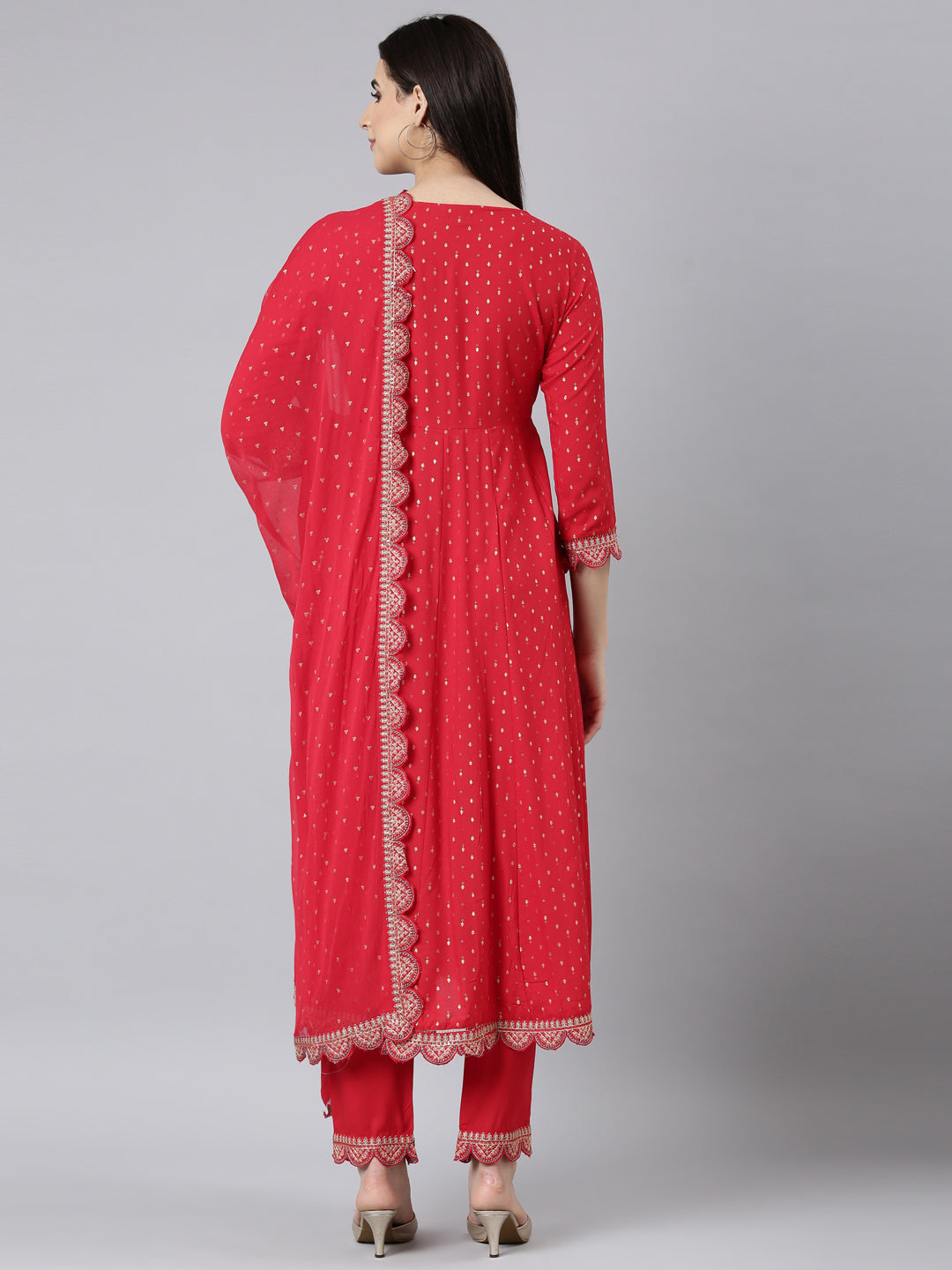 Neerus Red Regular Straight Ethnic Motifs Kurta And Trousers With Dupatta