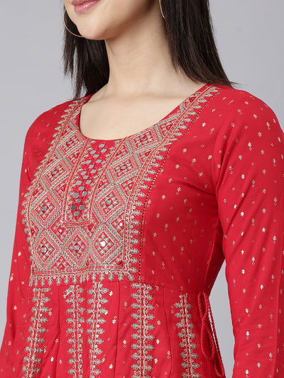 Neerus Red Regular Straight Ethnic Motifs Kurta And Trousers With Dupatta