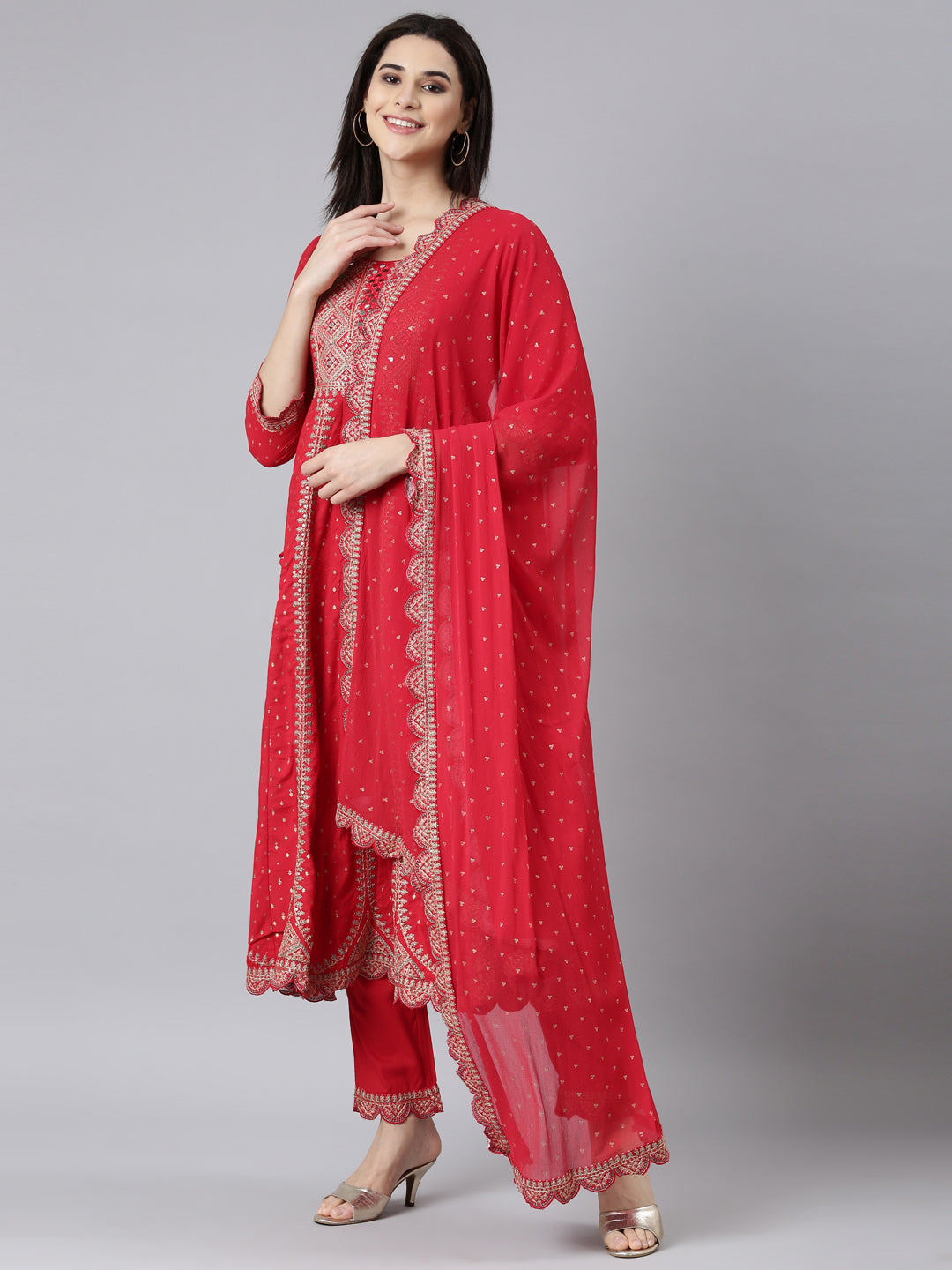 Neerus Red Regular Straight Ethnic Motifs Kurta And Trousers With Dupatta