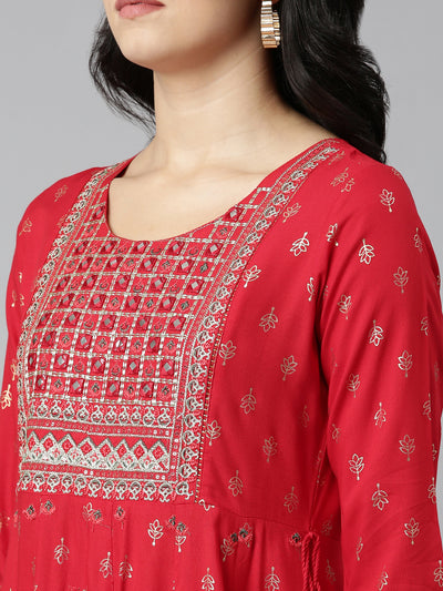 Neeru's Red Regular Straight Printed Kurta And Trousers With Dupatta