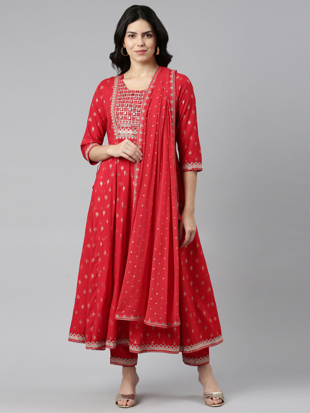 Neeru's Red Regular Straight Printed Kurta And Trousers With Dupatta