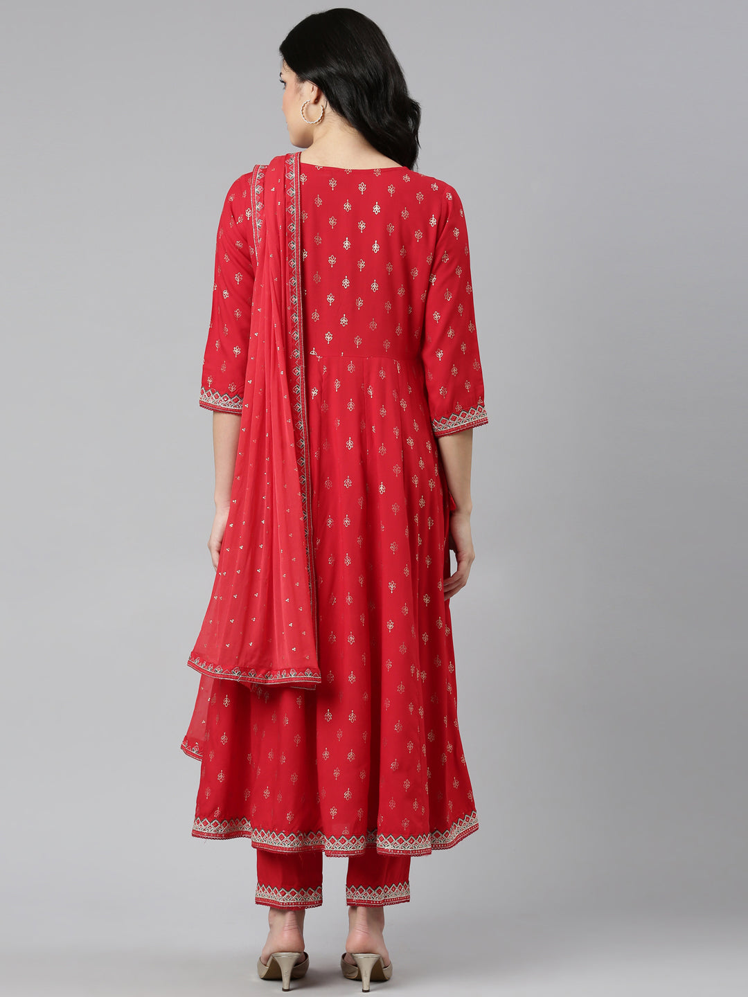 Neeru's Red Regular Straight Printed Kurta And Trousers With Dupatta