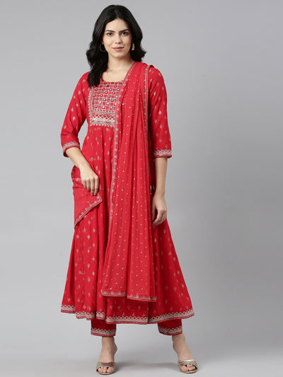 Neeru's Red Regular Straight Printed Kurta And Trousers With Dupatta