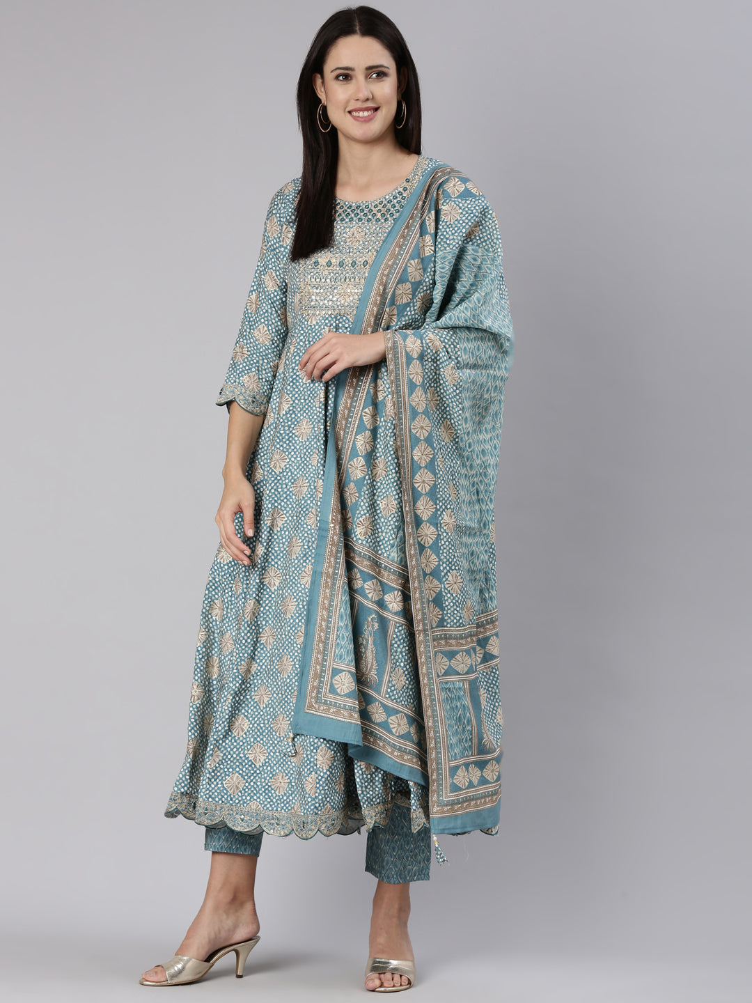 Neeru's Blue Regular Straight Yoke Design Readymade suits