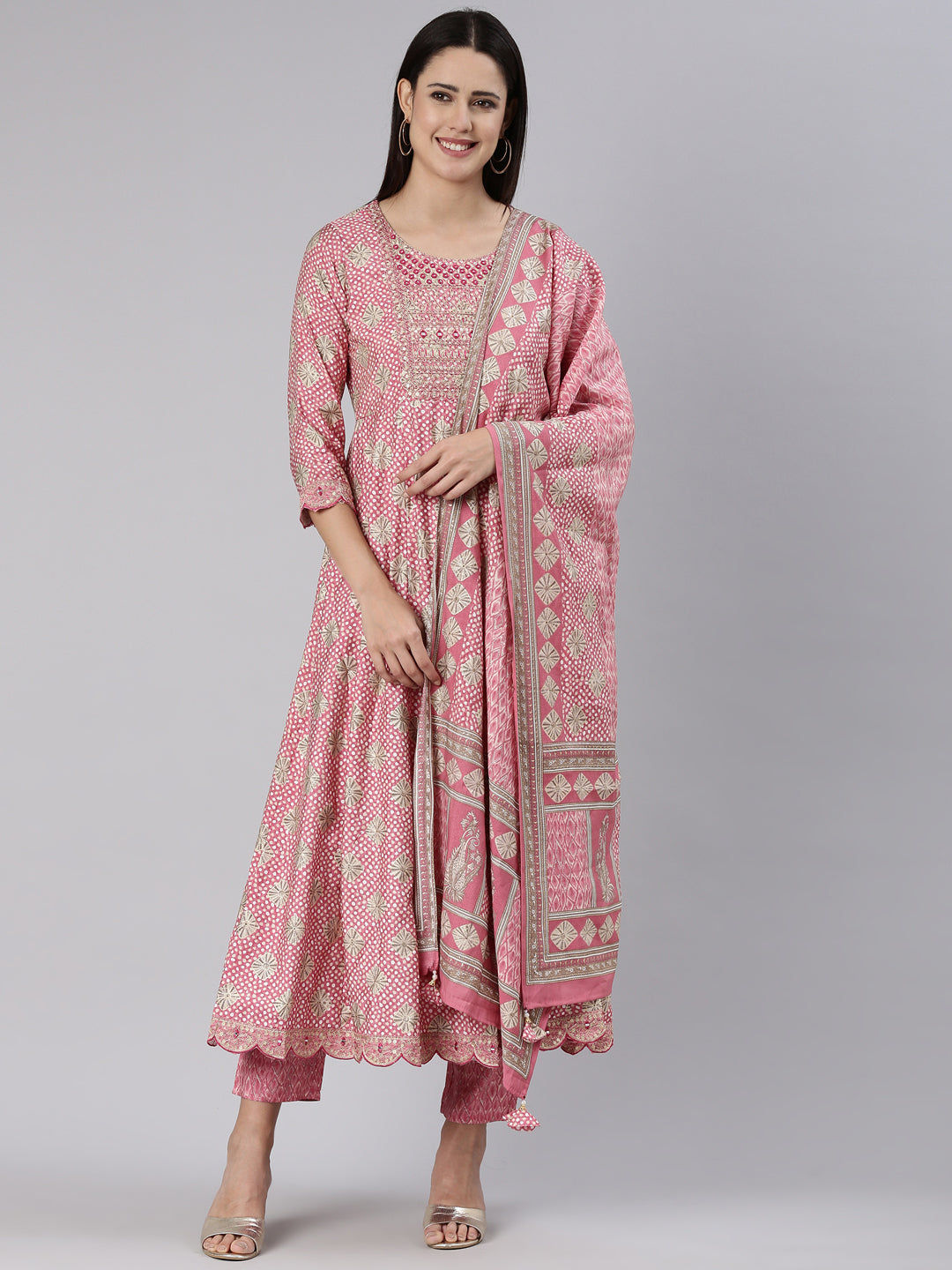 Neeru's Pink Regular Straight Yoke Design Kurta And Trousers With Dupatta