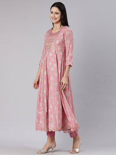 Neeru's Pink Regular Straight Yoke Design Kurta And Trousers With Dupatta