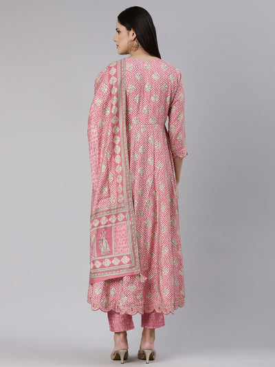 Neeru's Pink Regular Straight Yoke Design Kurta And Trousers With Dupatta