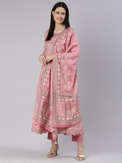 Neeru's Pink Regular Straight Yoke Design Kurta And Trousers With Dupatta