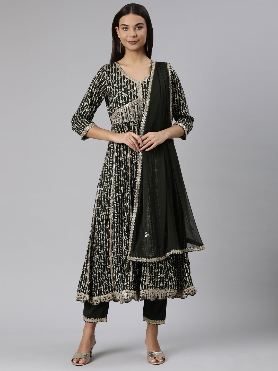 Neeru's Olive Regular Straight Floral Kurta And Trousers With Dupatta