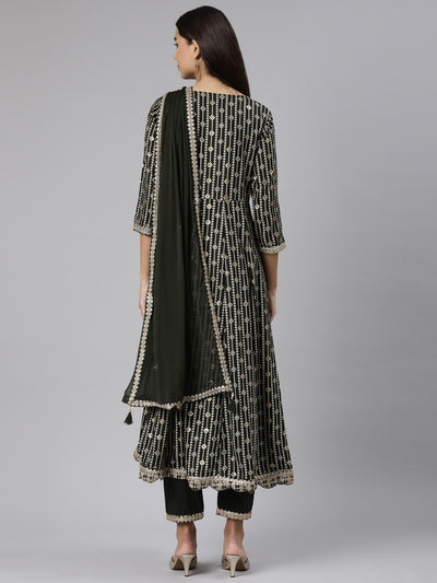 Neeru's Olive Regular Straight Floral Kurta And Trousers With Dupatta