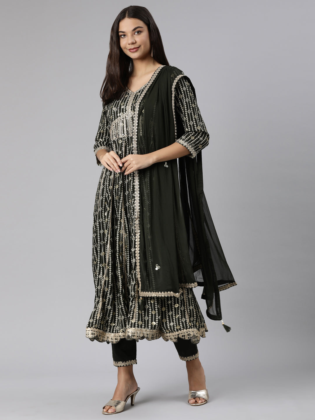 Neeru's Olive Regular Straight Floral Kurta And Trousers With Dupatta