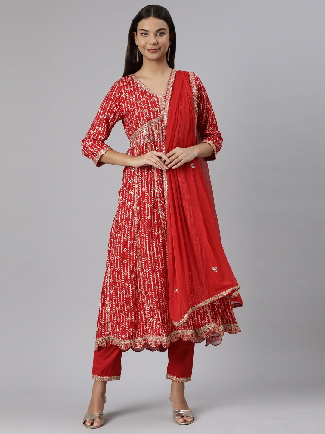 Neeru's Red Regular Straight Floral Kurta And Trousers With Dupatta