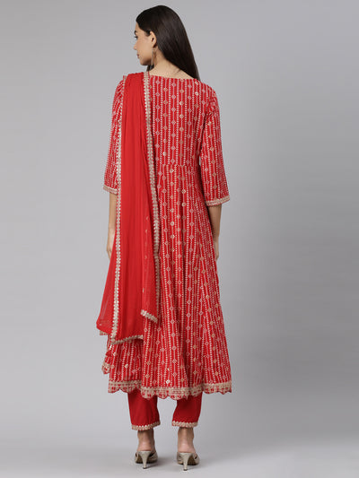 Neeru's Red Regular Straight Floral Kurta And Trousers With Dupatta