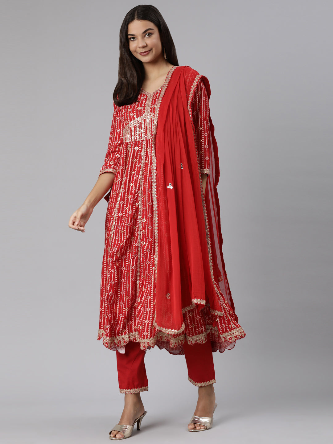 Neeru's Red Regular Straight Floral Kurta And Trousers With Dupatta