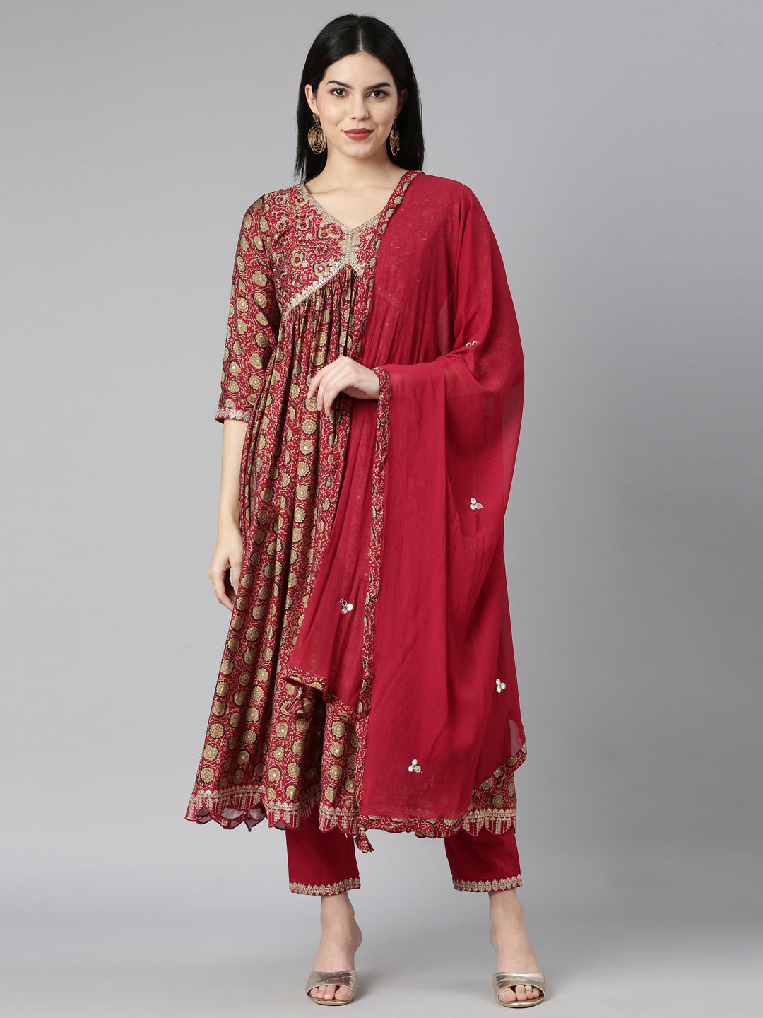 Neerus Maroon Pleated Straight Floral Kurta And Trousers With Dupatta