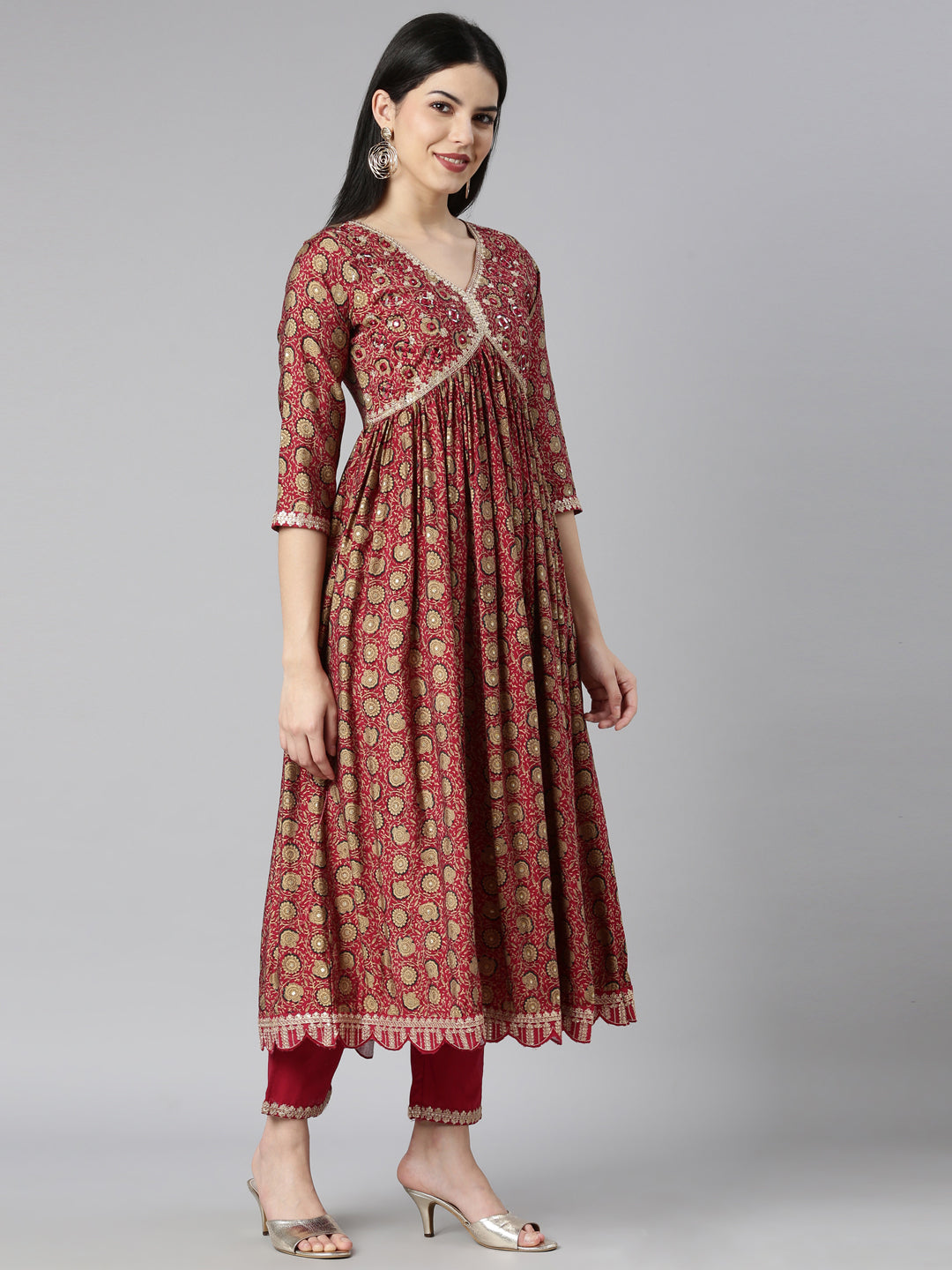 Neerus Maroon Pleated Straight Floral Kurta And Trousers With Dupatta