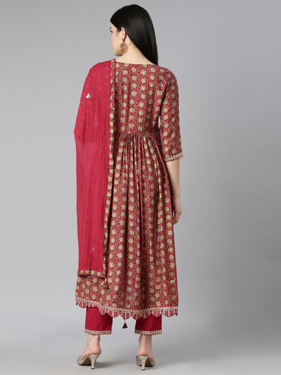 Neerus Maroon Pleated Straight Floral Kurta And Trousers With Dupatta