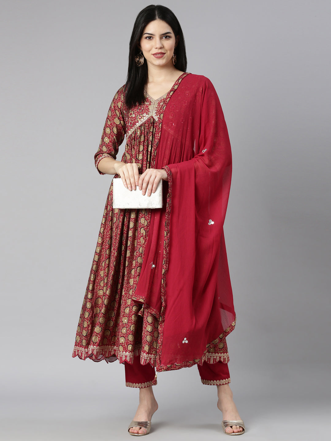 Neerus Maroon Pleated Straight Floral Kurta And Trousers With Dupatta