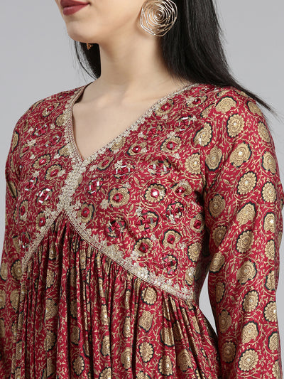 Neerus Maroon Pleated Straight Floral Kurta And Trousers With Dupatta