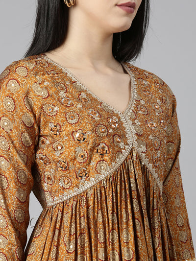 Neerus Mustard Pleated Straight Floral Kurta And Trousers With Dupatta