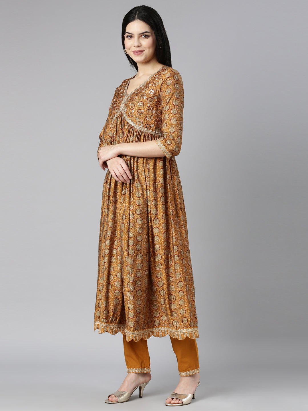 Neerus Mustard Pleated Straight Floral Kurta And Trousers With Dupatta