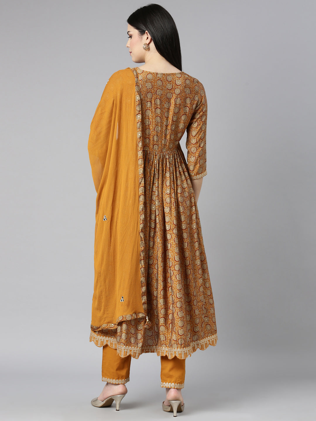 Neerus Mustard Pleated Straight Floral Kurta And Trousers With Dupatta