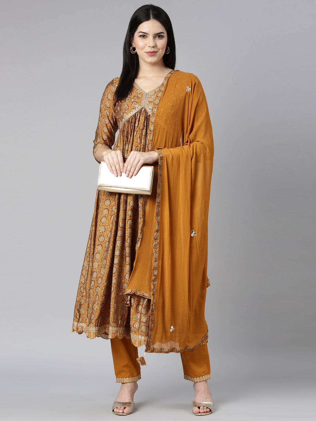 Neerus Mustard Pleated Straight Floral Kurta And Trousers With Dupatta