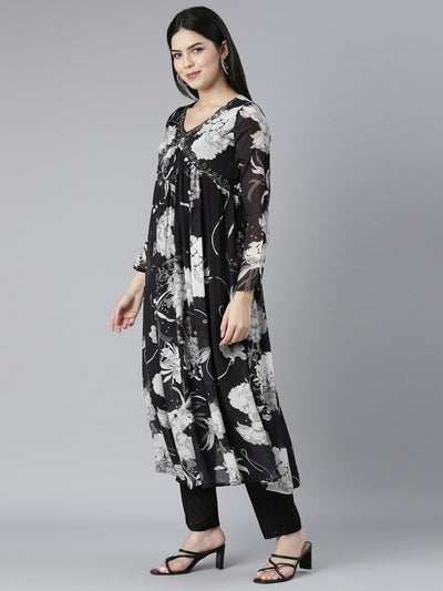 Neerus Black Regular Straight Floral Kurta And Trousers With Dupatta