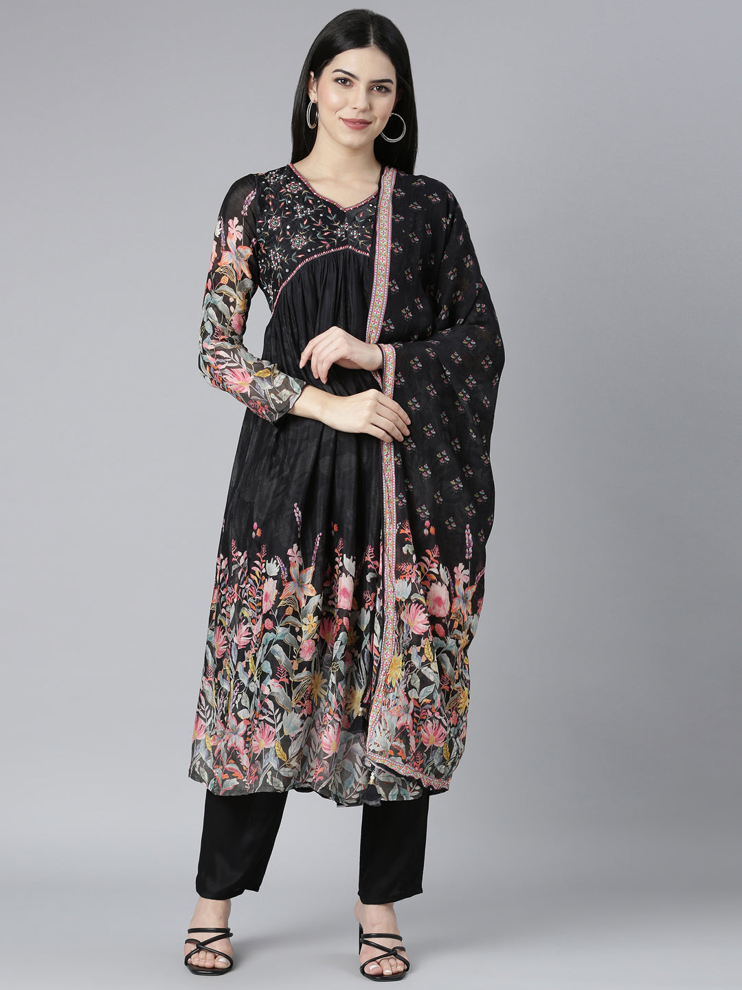 Neerus Black Pleated Straight Floral Kurta And Trousers With Dupatta