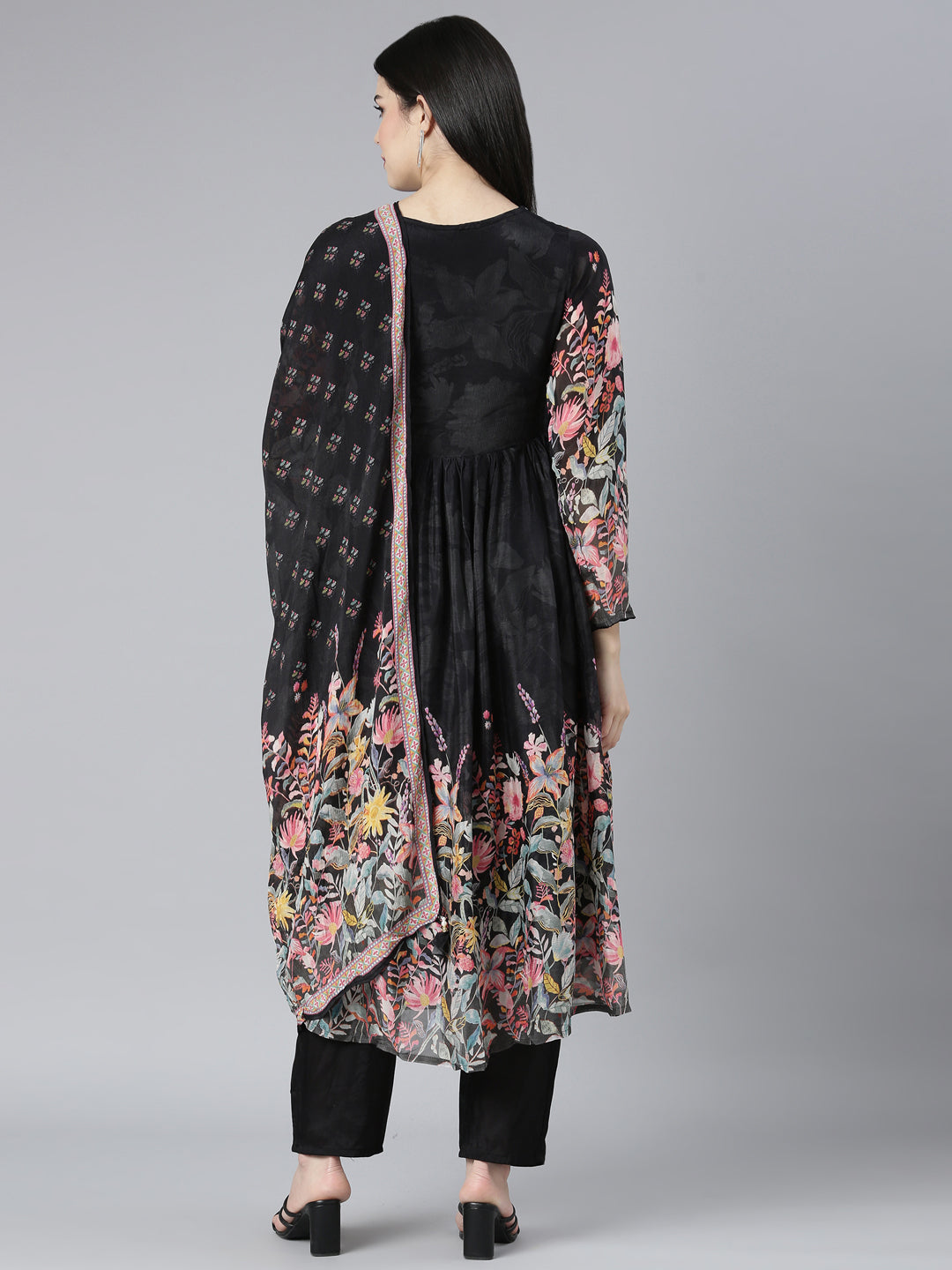 Neerus Black Pleated Straight Floral Kurta And Trousers With Dupatta