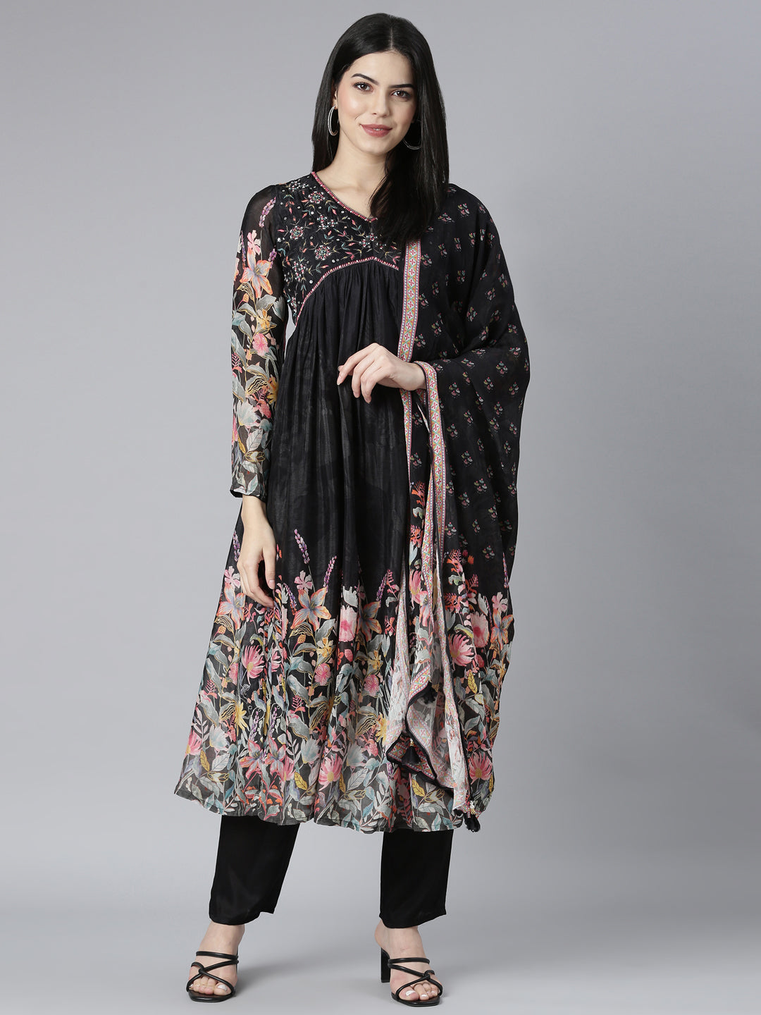 Neerus Black Pleated Straight Floral Kurta And Trousers With Dupatta