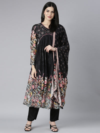 Neerus Black Pleated Straight Floral Kurta And Trousers With Dupatta