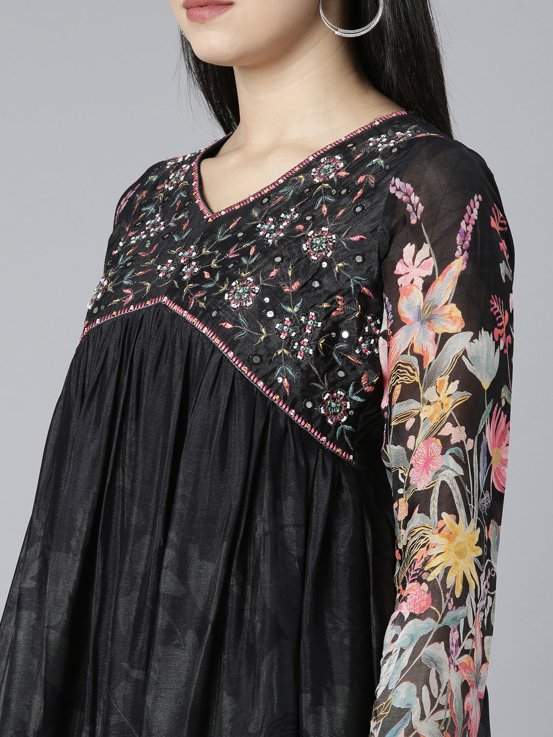 Neerus Black Pleated Straight Floral Kurta And Trousers With Dupatta