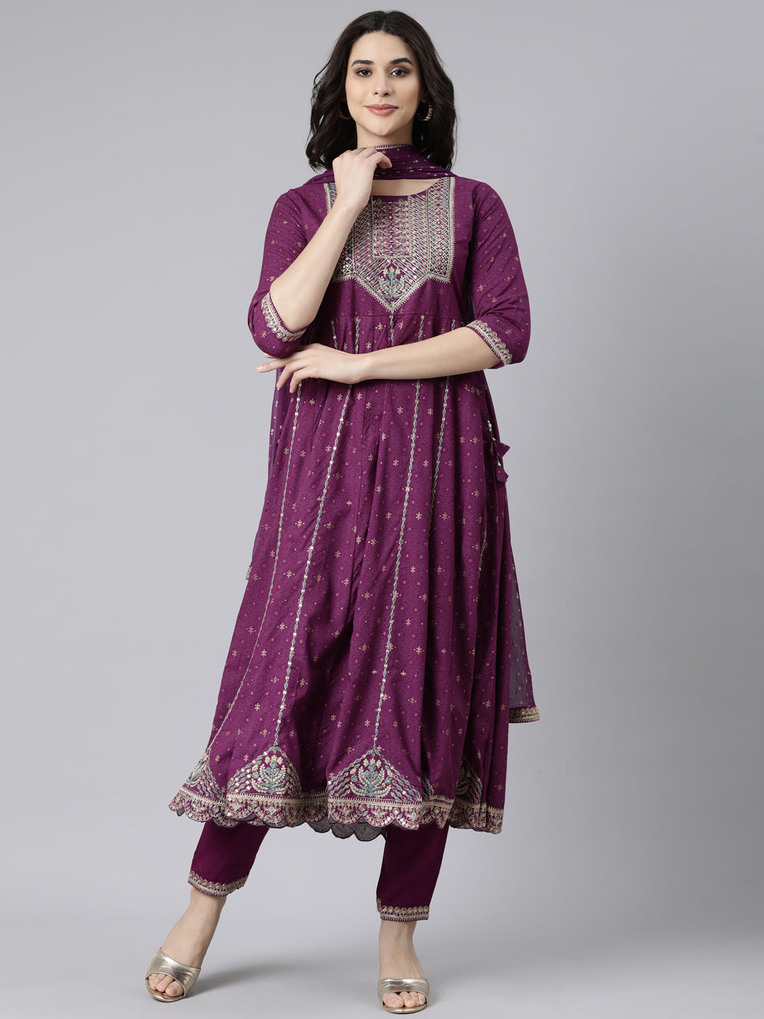 Neerus Purple Regular Straight Floral Kurta And  Trousers With Dupatta