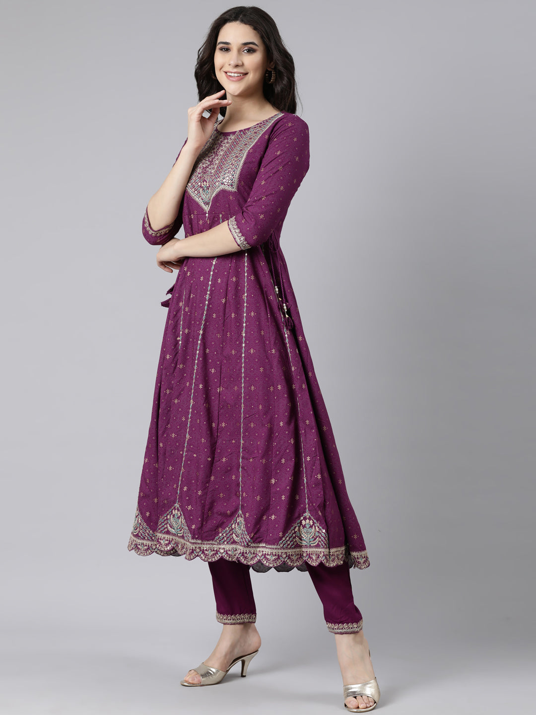 Neerus Purple Regular Straight Floral Kurta And  Trousers With Dupatta