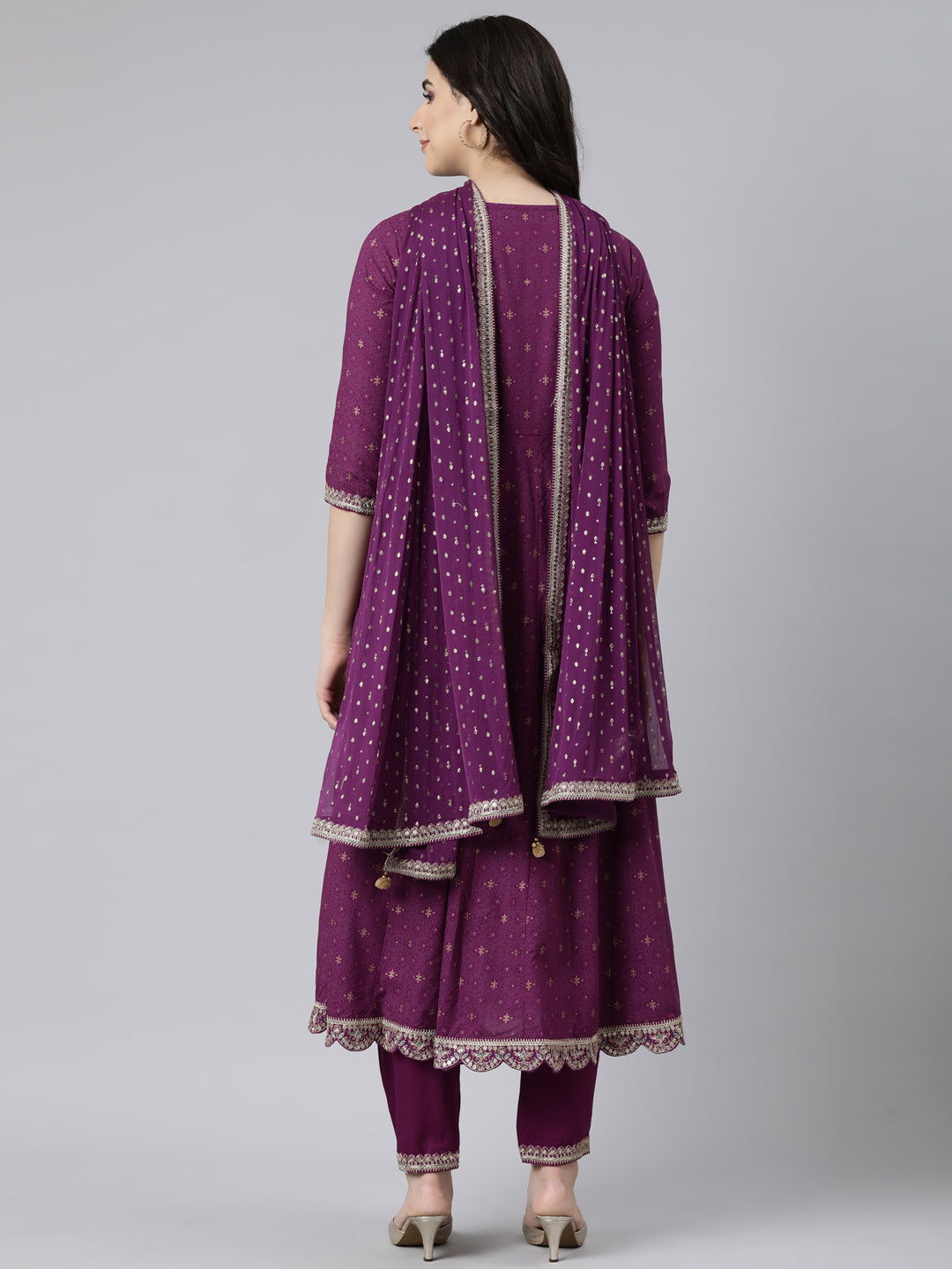 Neerus Purple Regular Straight Floral Kurta And  Trousers With Dupatta