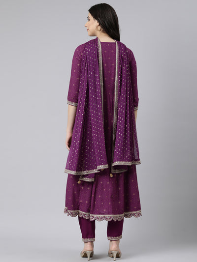 Neerus Purple Regular Straight Floral Kurta And  Trousers With Dupatta