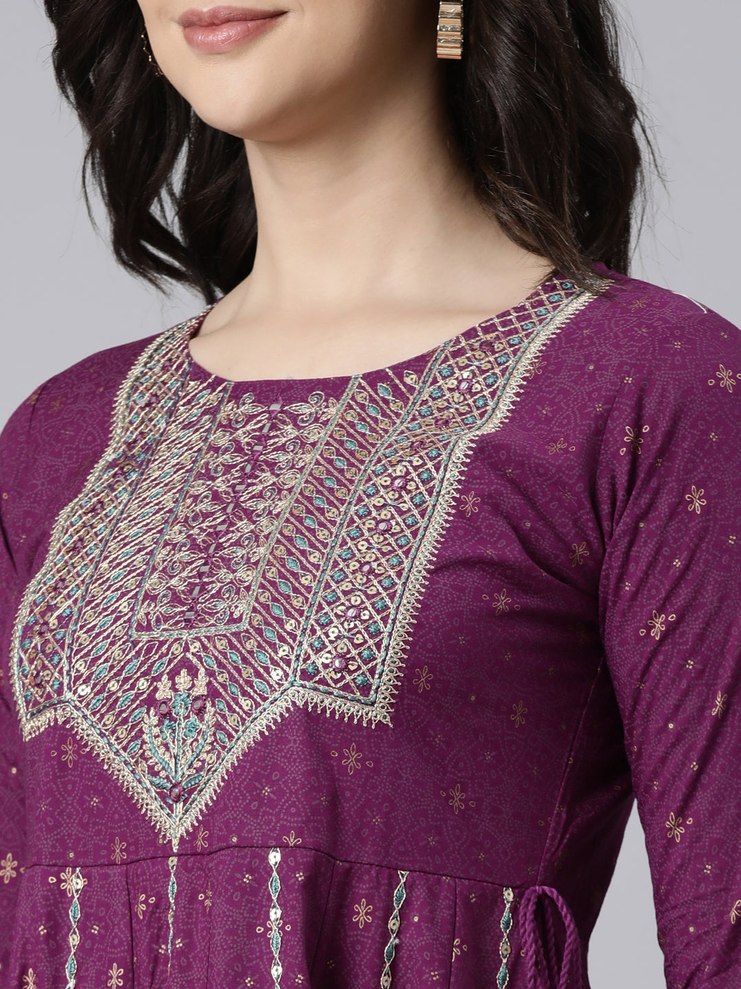 Neerus Purple Regular Straight Floral Kurta And  Trousers With Dupatta