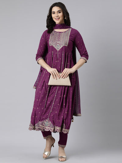 Neerus Purple Regular Straight Floral Kurta And  Trousers With Dupatta