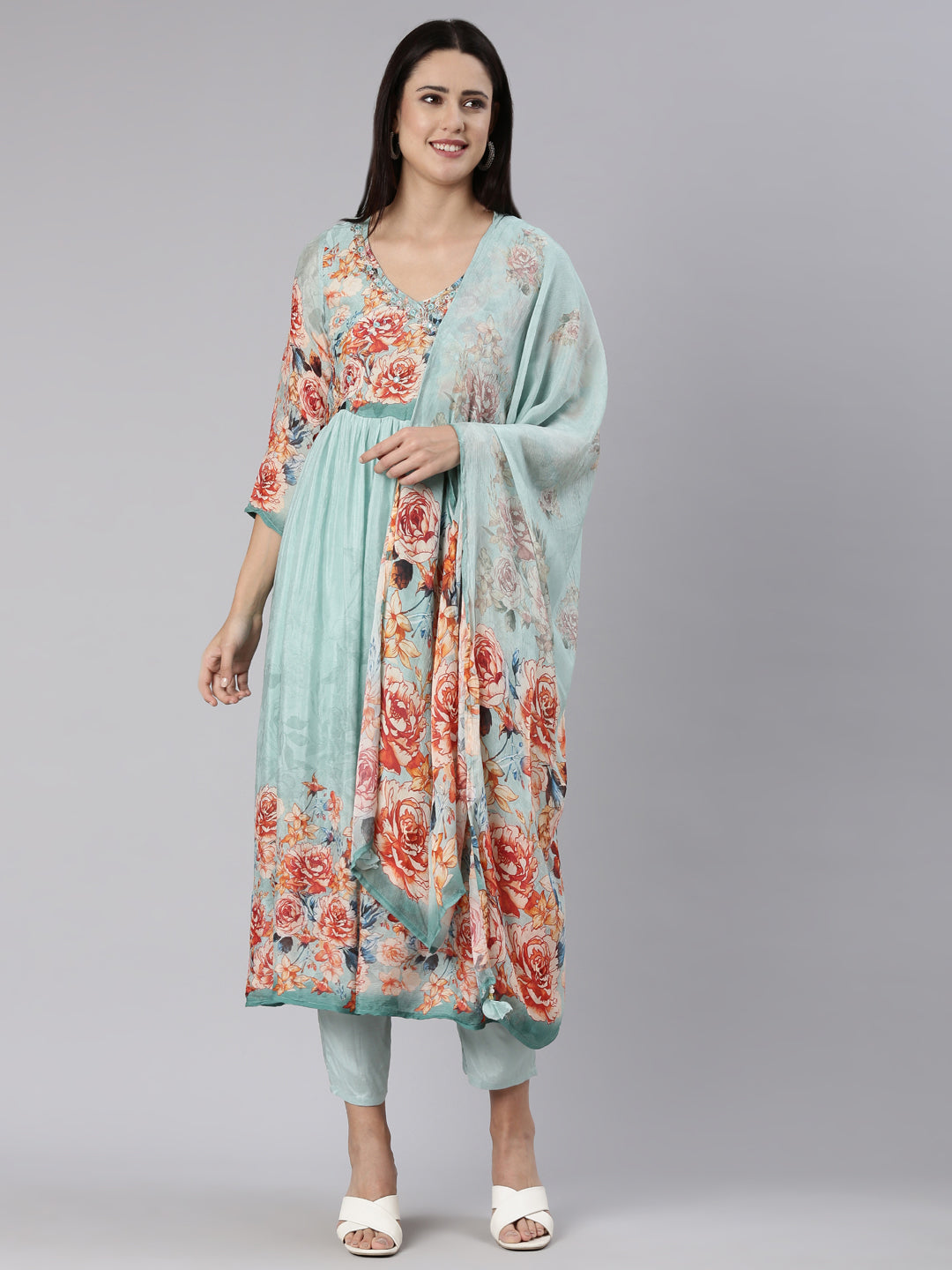 Neeru's Blue Regular Straight Printed Readymade suits