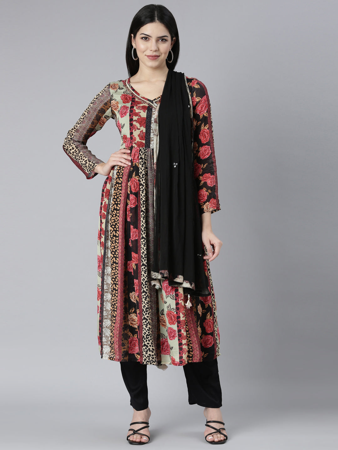 Neerus Multi Pleated Straight Floral Kurta And Trousers With Dupatta