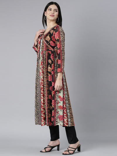 Neerus Multi Pleated Straight Floral Kurta And Trousers With Dupatta