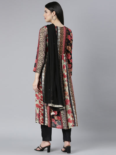 Neerus Multi Pleated Straight Floral Kurta And Trousers With Dupatta