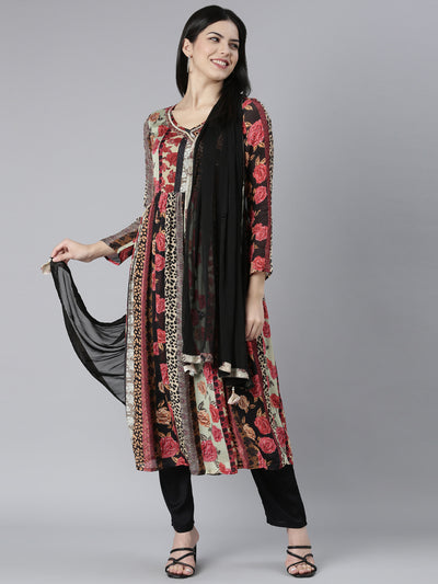 Neerus Multi Pleated Straight Floral Kurta And Trousers With Dupatta