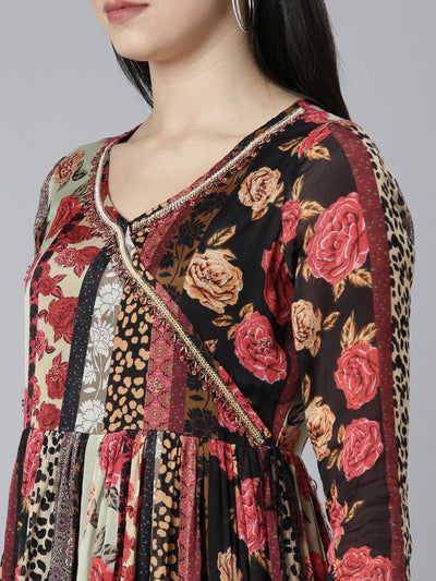 Neerus Multi Pleated Straight Floral Kurta And Trousers With Dupatta